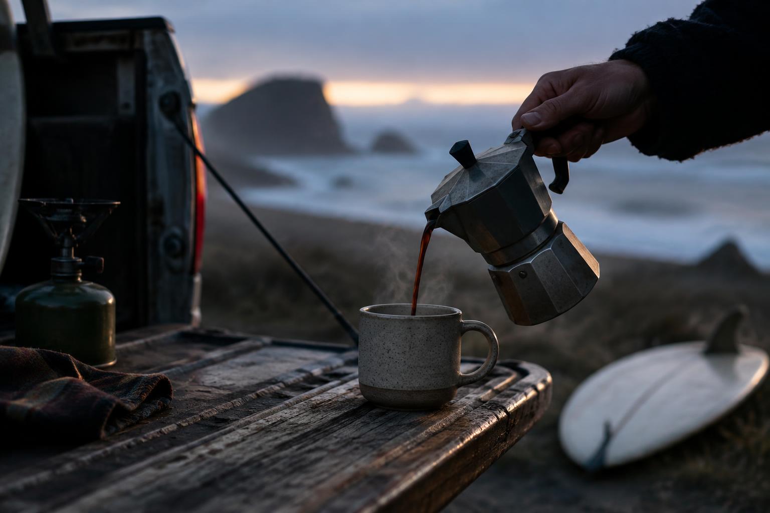 Coffee poured into a stoneware mug on a tailgate at dawn beside a surfboard
