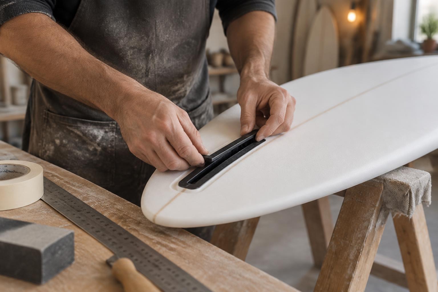 A shaper fitting a fin box into a white surfboard blank