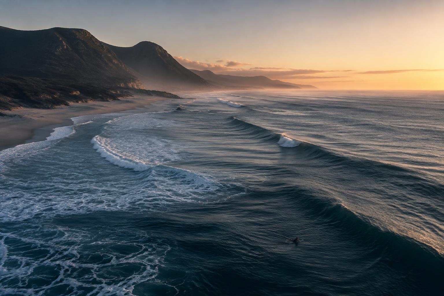 Aerial view of swell lines meeting a rugged coastline at dawn